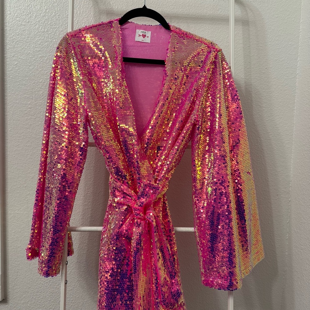Buddy Love Iridescent Pink Sequin Long Sleeve Wrap Dress